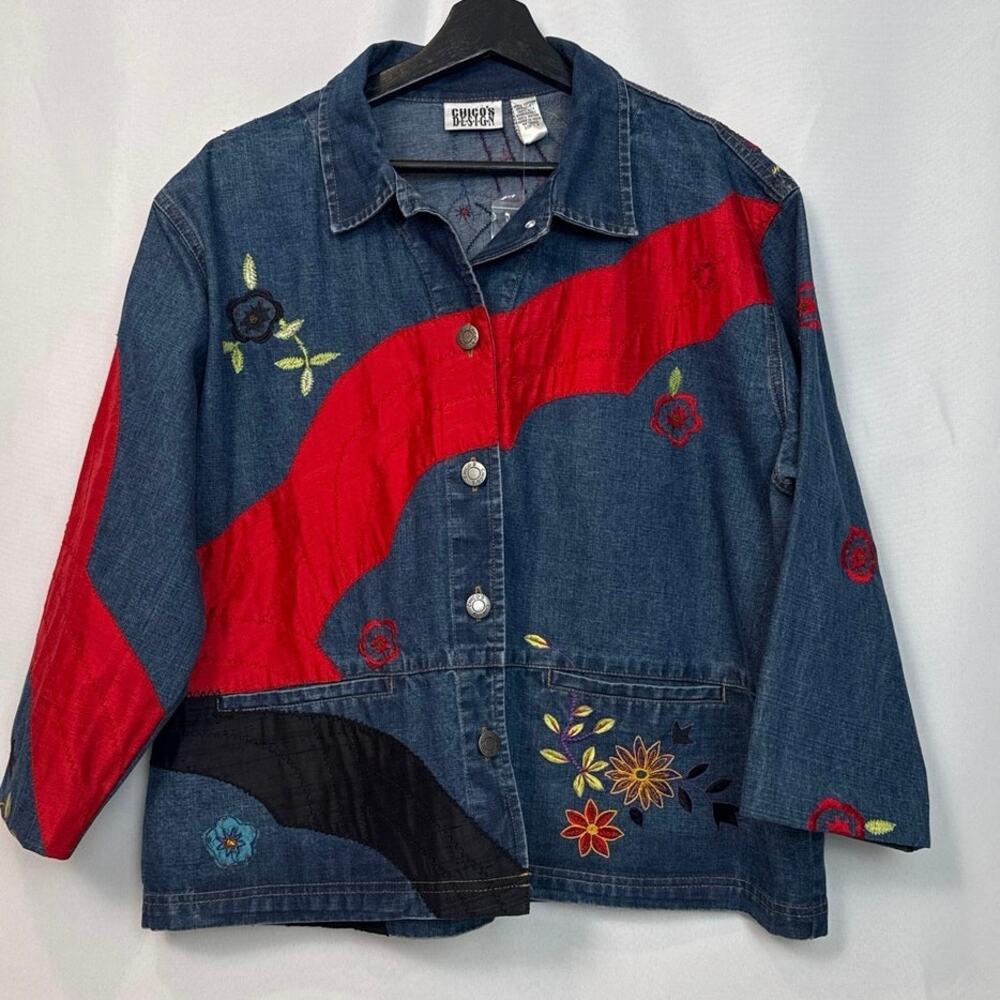 Chico's Design Womens Vintage Silk Applique Denim Jacket Size XL Wearable Art